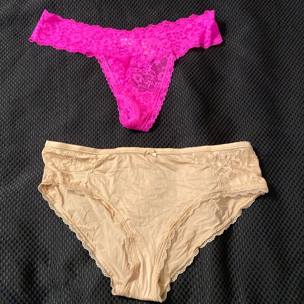 Victoria’s Secret Hot Pink Lace Thong & Tan Lace Hiphugger new size large